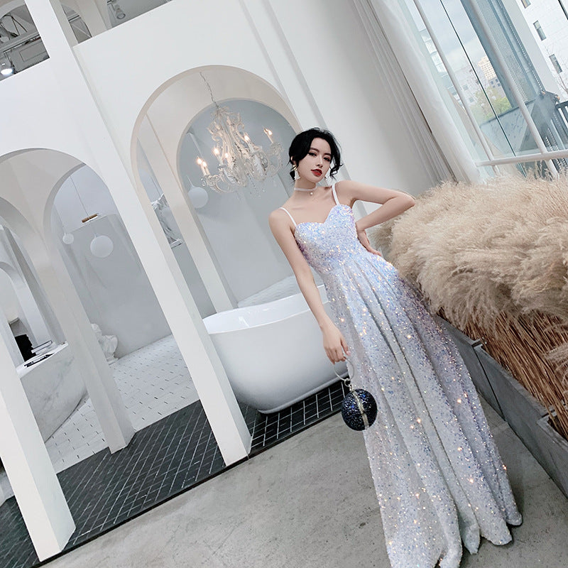 Robe de bal longue à paillettes blanches et bretelles spaghetti, robe de soirée brillante 262