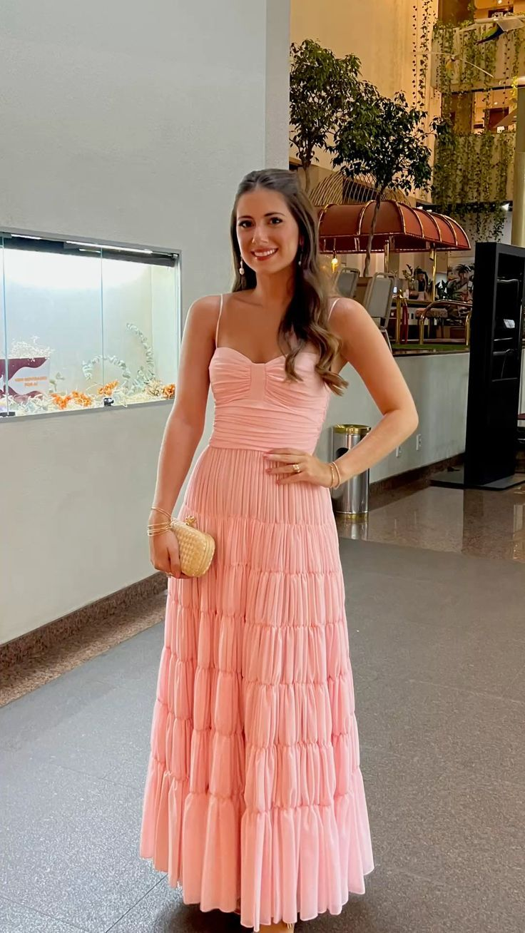 Pink A Line Spaghetti Straps Long Prom Dress Evening Party Dresses J7463