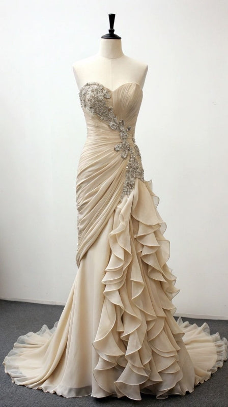 Vintage Mermaid Strapless Champagne Chiffon Prom Dresses Wedding Dress J8658