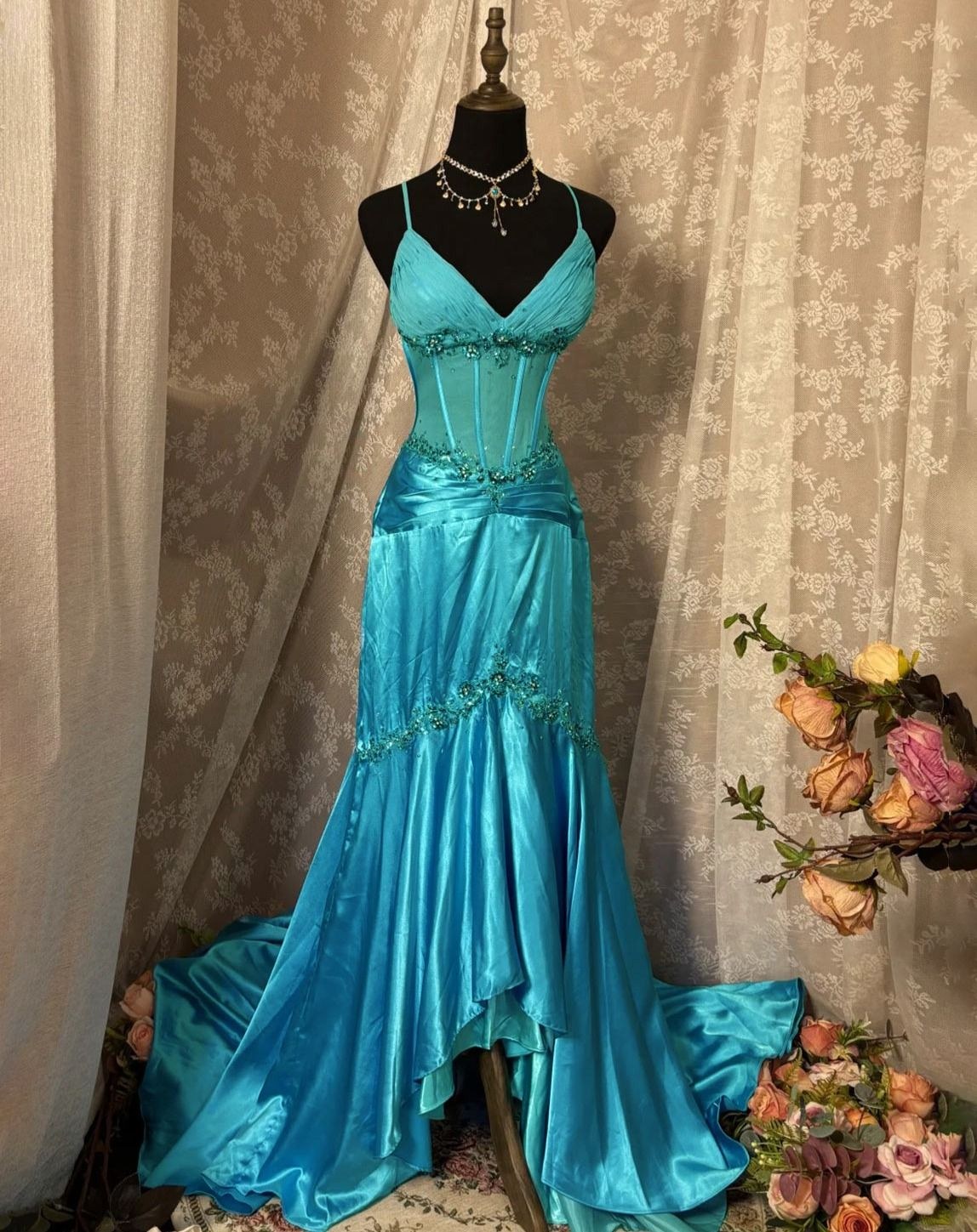 Mermaid Blue Long Prom Dress Vintage Formal Party Dress With Applique J8474