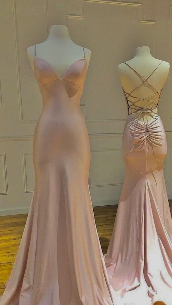 Rosa Meerjungfrau Satin Lange Ballkleider Rückenfreies Abendkleid J6005