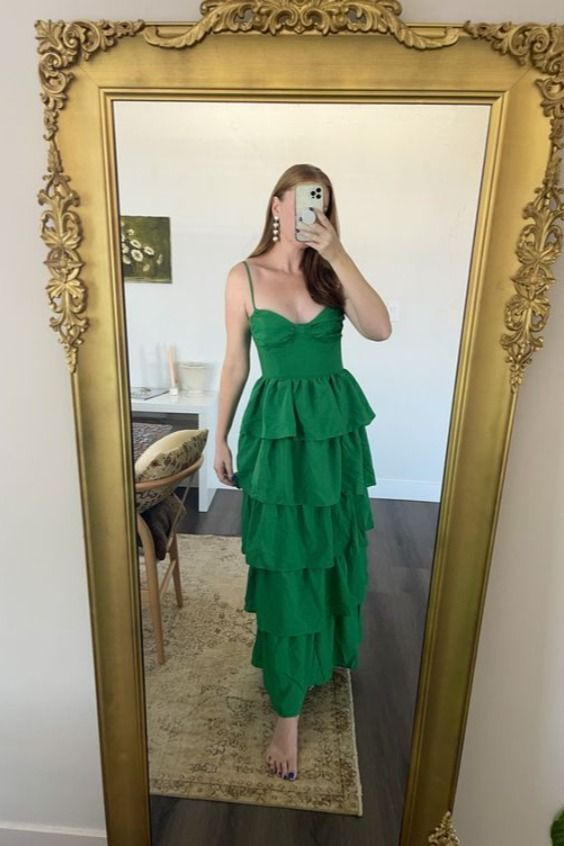 Robe de bal verte à bretelles spaghetti et volants, tenue de soirée formelle J6023
