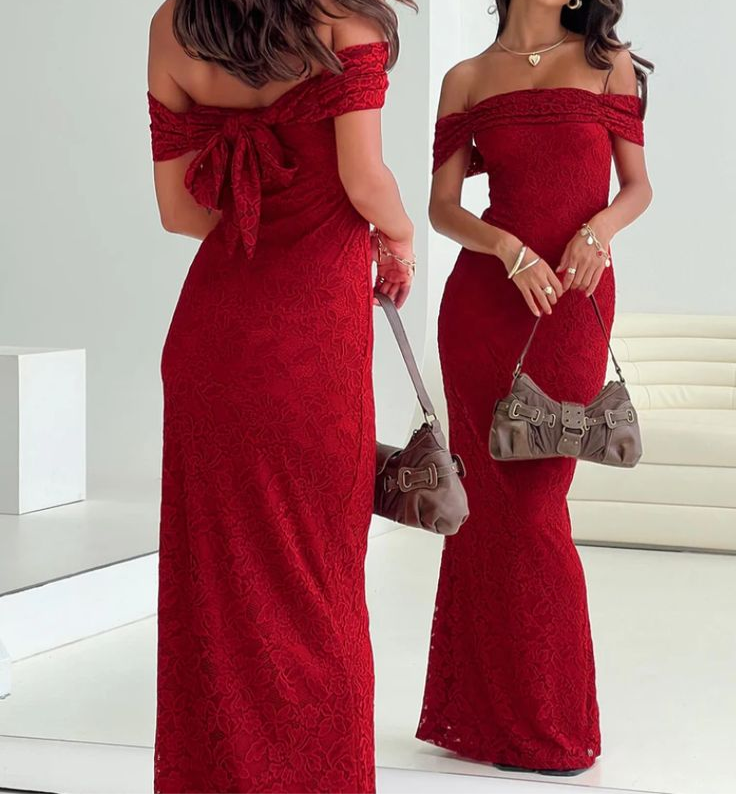 Off The Shoulder Red Lace Mermaid Prom Dress Evening Gown J6028