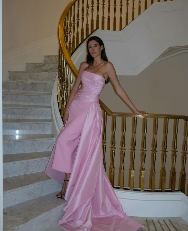 Trägerloses langes Ballkleid aus rosa Satin, formelles Abendkleid J6033