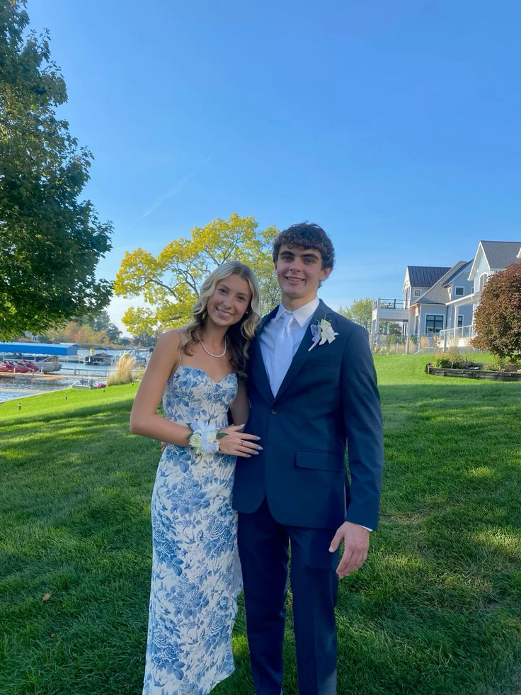 Robe de bal à imprimé floral bleu, robe de soirée formelle avec fente J6049
