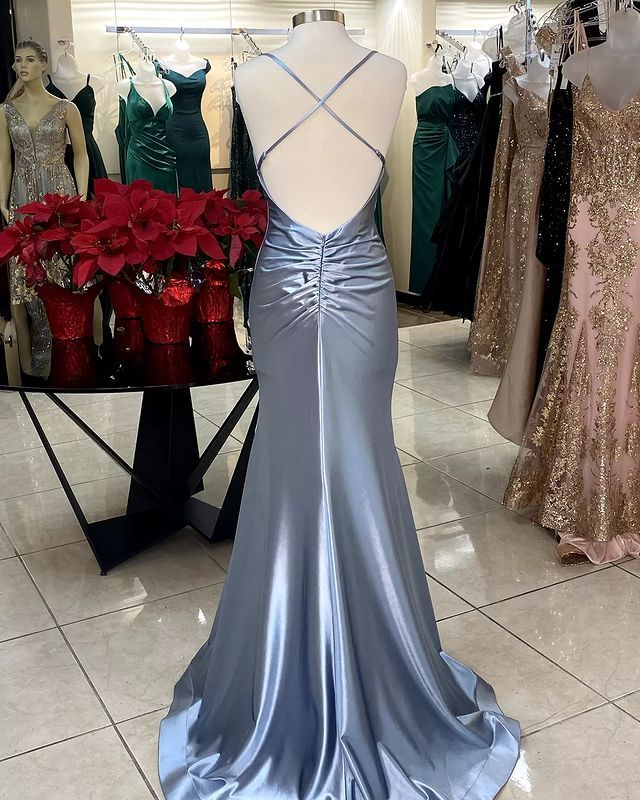 V-Ausschnitt Meerjungfrau Langes Ballkleid Satin Formales Abendkleid J6053