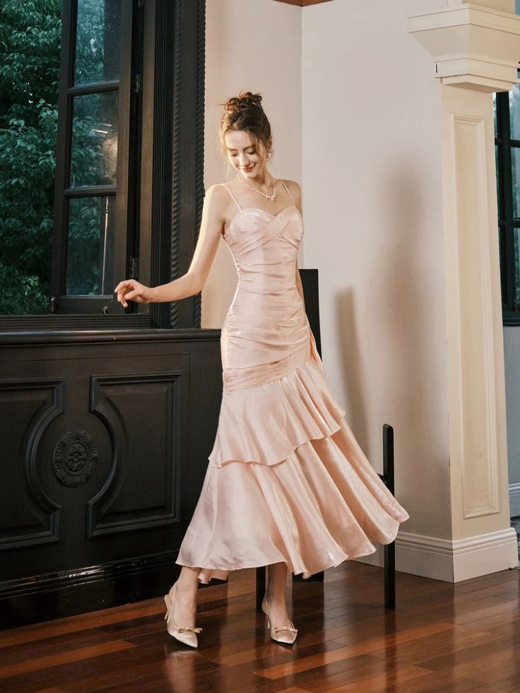 Spaghetti Straps Pink Mermaid Prom Dress Ruffle Evening Dress J6076