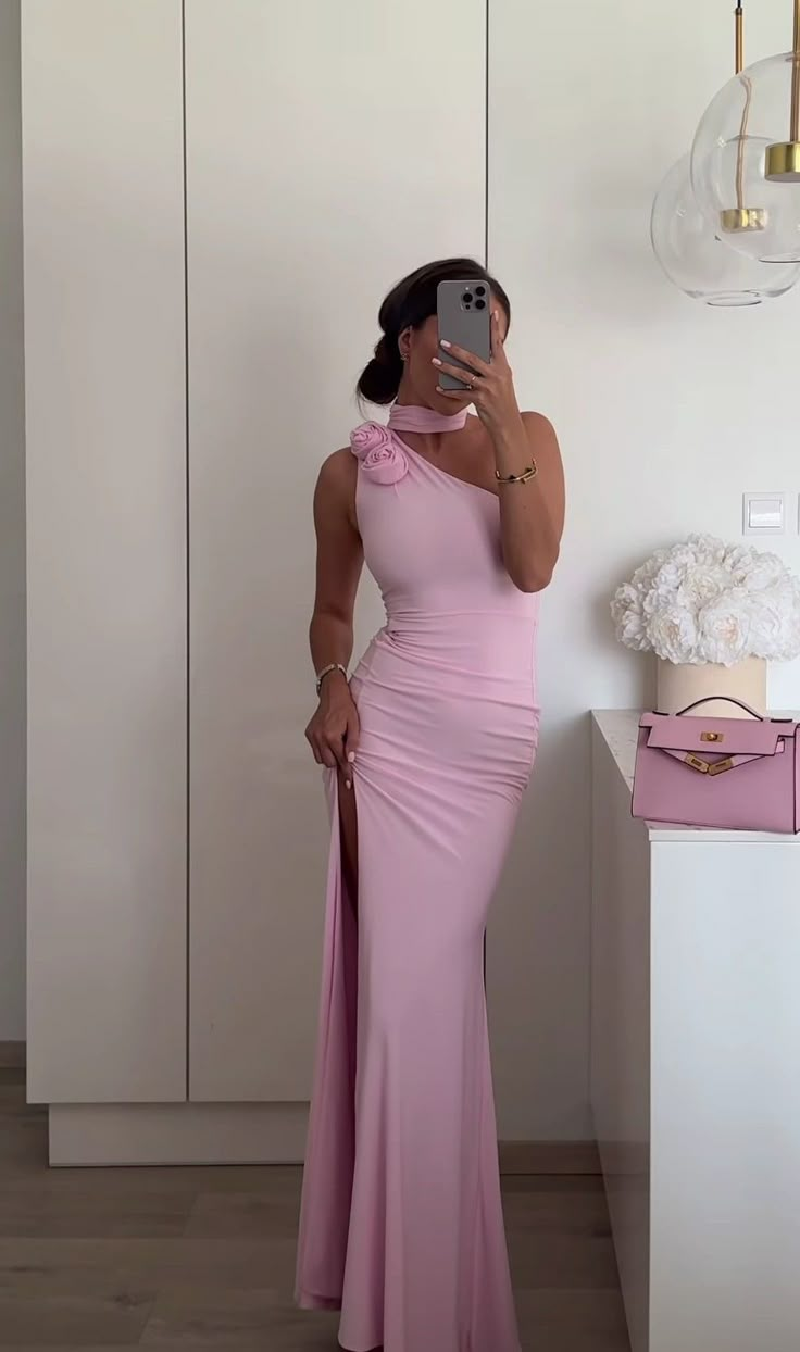 One Shoulder Pink Sheath Prom Dress Birthday Dress J6089
