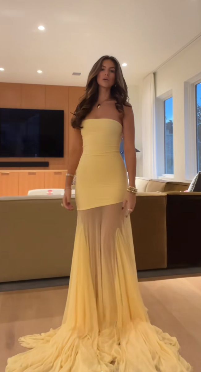 Trägerloses gelbes Etuikleid, Ballkleid, formelles Geburtstagskleid J6092