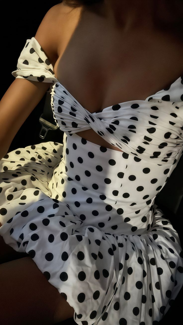 Off The Shoulder White Black Dots Mini Party Dress J6120