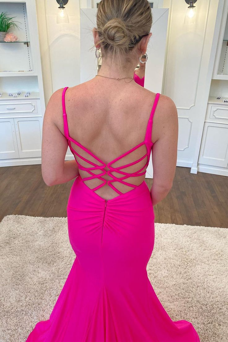 Hot Pink V-Ausschnitt Rückenfreies Meerjungfrau Langes Abendkleid J6136