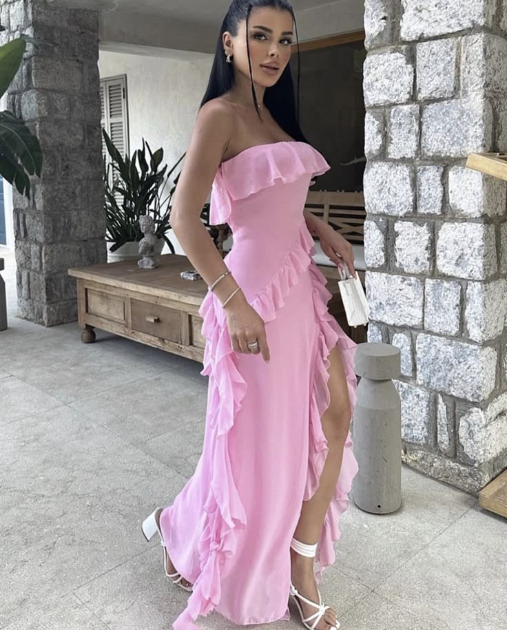Trägerloses rosa Schlitz-Rüschen-Ballkleid, formelles Partykleid J6155
