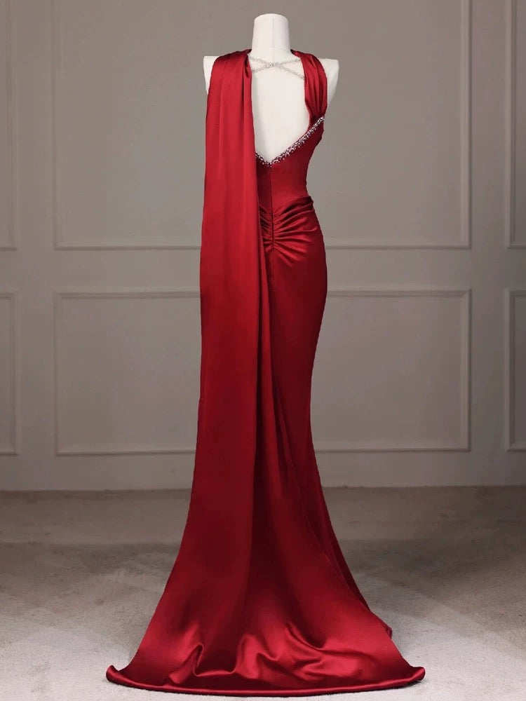 Robe de soirée sirène rouge longue en satin J6165