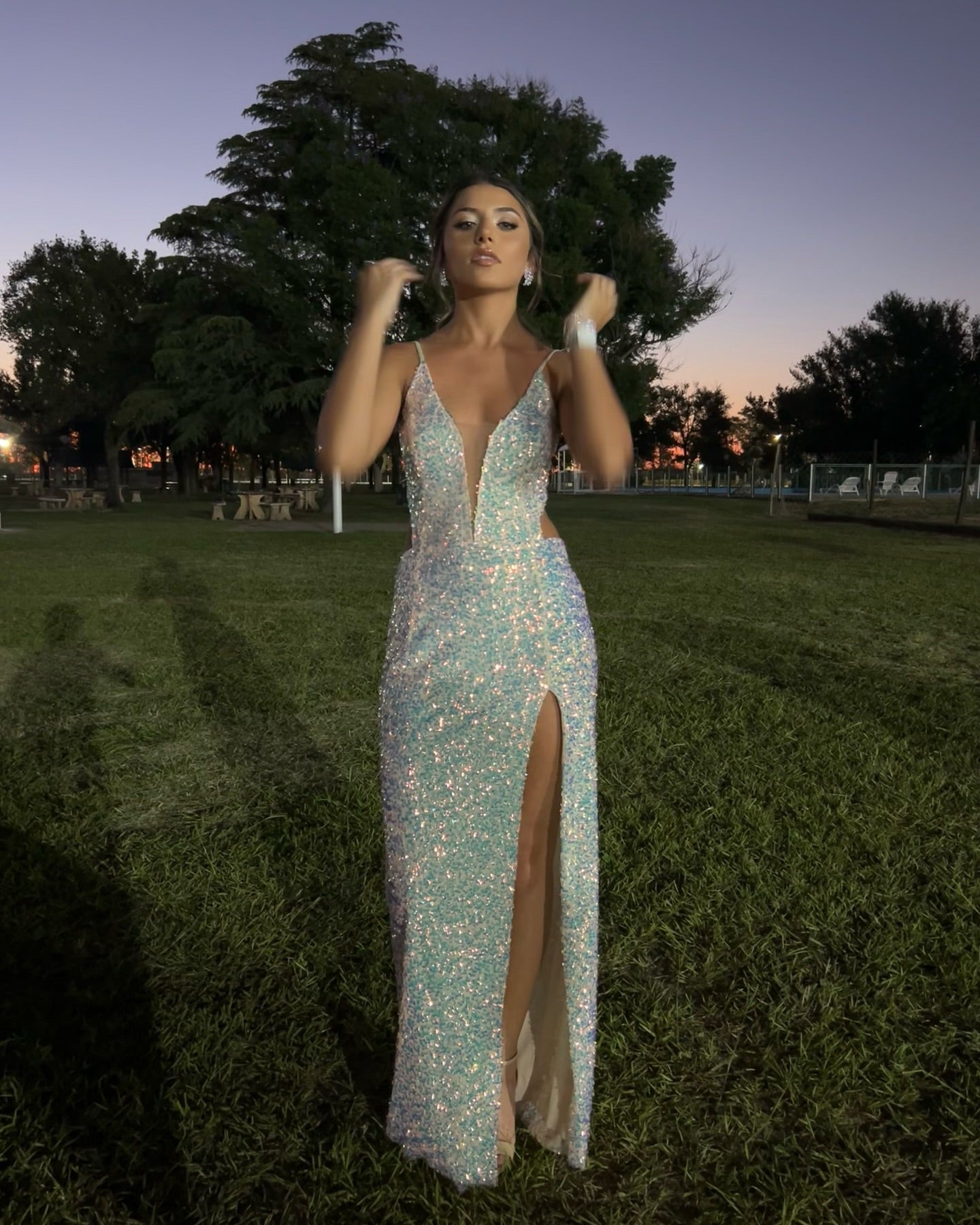 Spaghettiträger Pailletten Schlitz Ballkleid Formelle Partykleid J6188