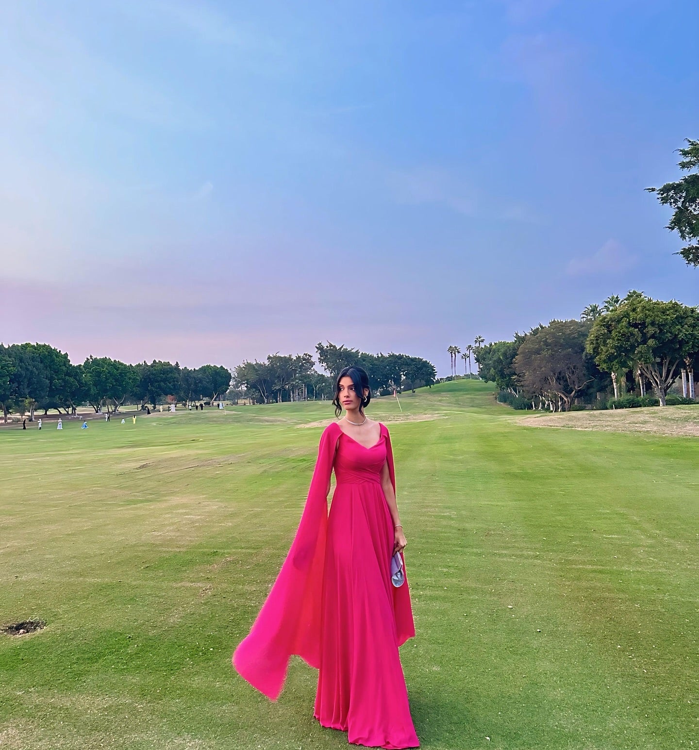 Robe de bal trapèze rose vif en mousseline de soie, robe d'invitée de mariage J6195