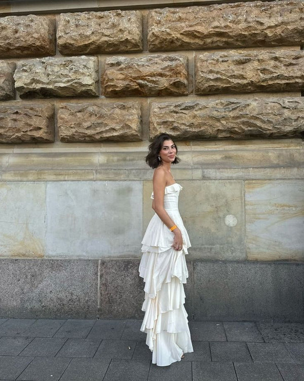 Trägerloses A-Linien-Ballkleid mit Stufen und Rüschen, Schlitz, Geburtstagsoutfit J6298