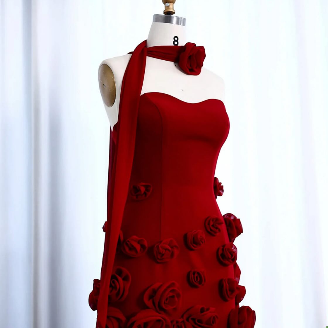 Red 3d Flower Mermaid Evening Dress Formal Party Gown Birthday Dress J6251