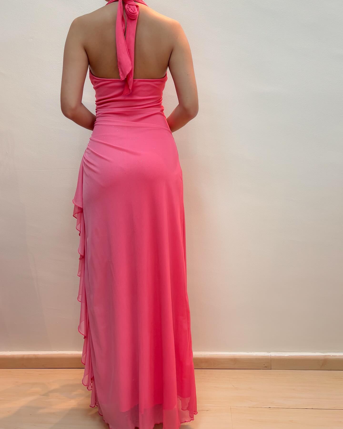 Robe de soirée sirène rose à volants, style vintage, J6261