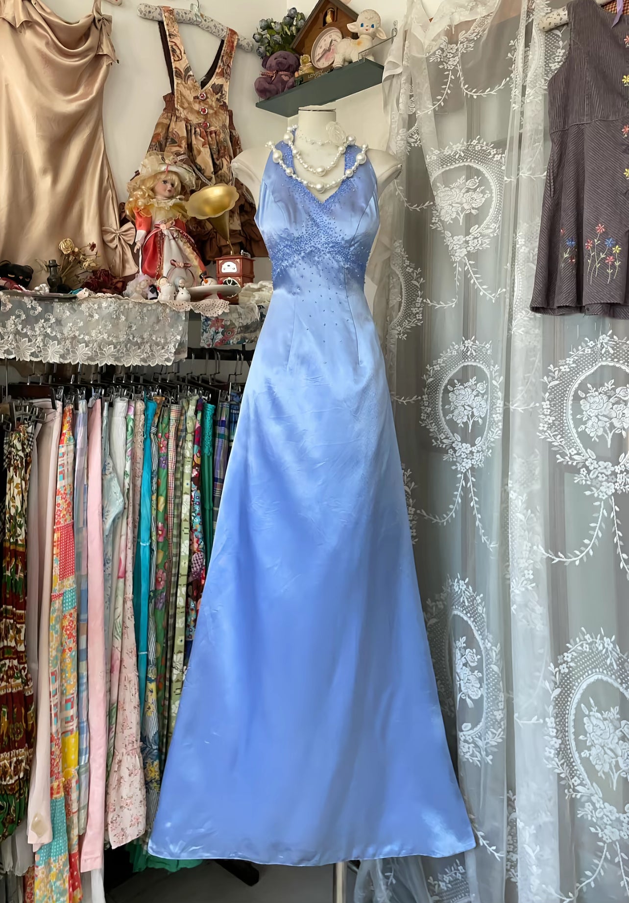 Blaues A-Linien-Ballkleid, lang, formelles Heimkehrkleid J8503