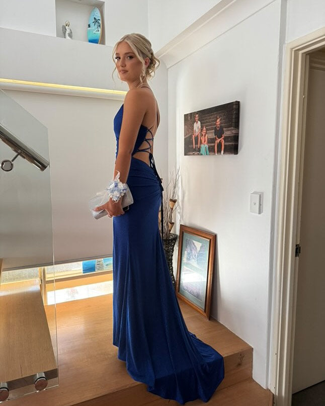 Rückenfreies Meerjungfrau-Blau-Ballkleid mit Rüschenschlitz und Abendpartykleid J6285
