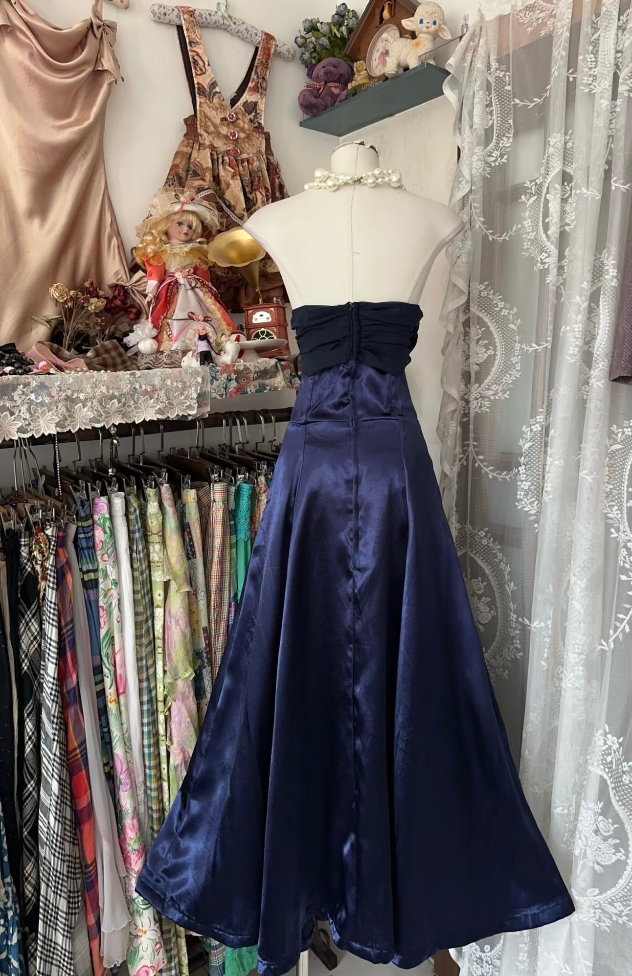 Strapless A Line Satin Navy Blue Prom Dress Satin Vintage Evening Dress J6311