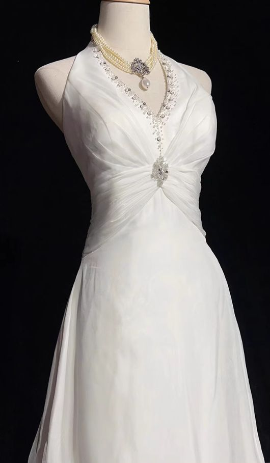 Meerjungfrau Neckholder Perlen Weiß Brautkleid Vintage Abendkleid J6381