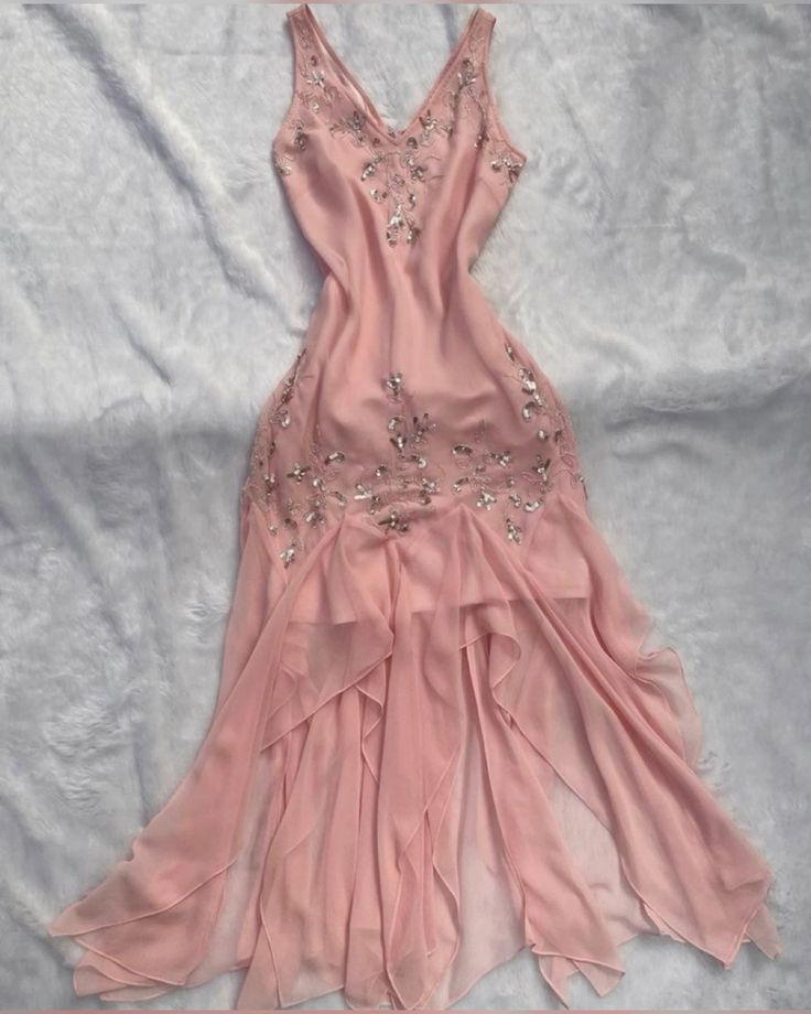 V Neck Pink Chiffon Beaded Formal Dress Ruffle Prom Dress J6392