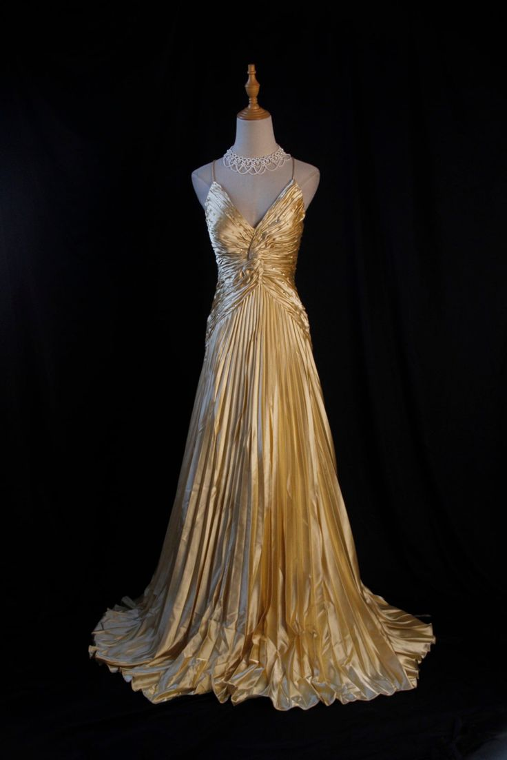 Gold A Line Spaghetti Straps Satin Long Prom Dress V Neck Pleated Evening Gown J6404