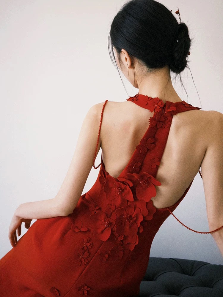 Robe de soirée sirène rouge à fleurs 3D J6474