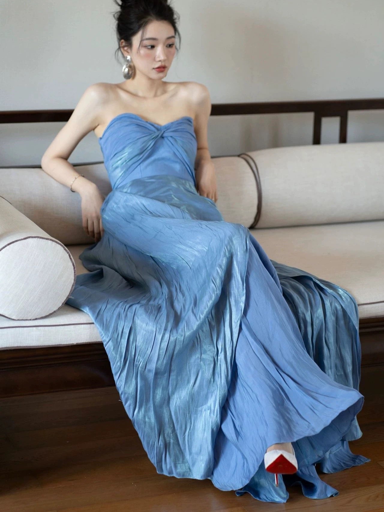 Strapless Blue A Line Prom Dress Summer Wedding Guest Dress J6475