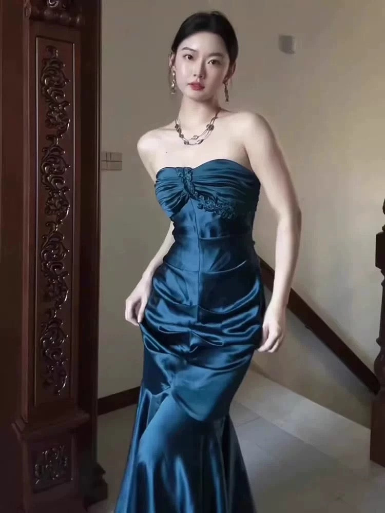 Strapless Mermaid Blue Long Prom Dress Satin Evening Dress J6479