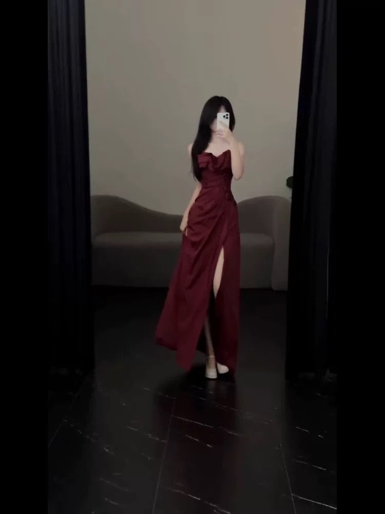 A Line Burgundy Prom Dress Slit Formal Evening Party Gown J6480