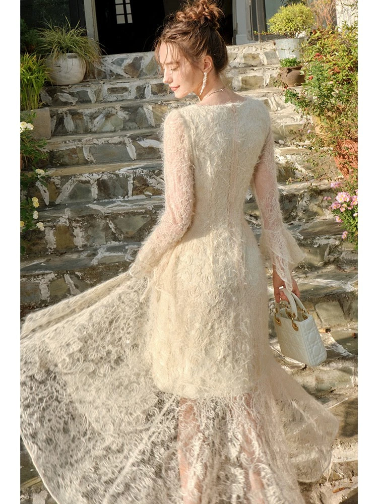 Long Sleeves Lace Ruffle Dress Formal Party Dress L40