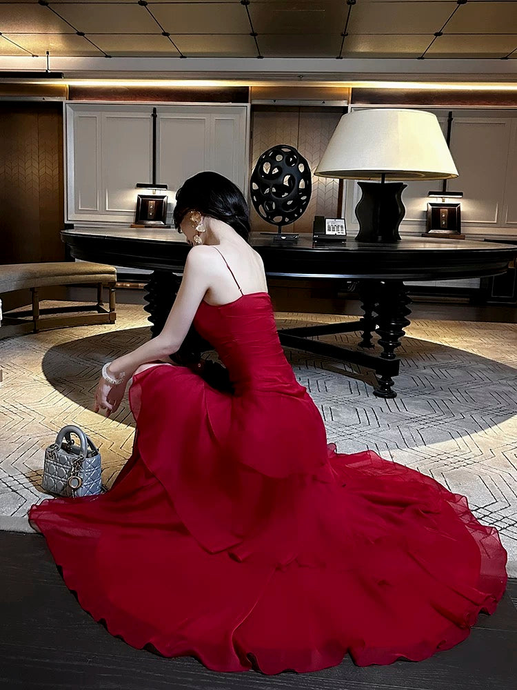 Spaghetti Straps Chiffon Red Prom Dress Ruffle Birthday Dress J6523