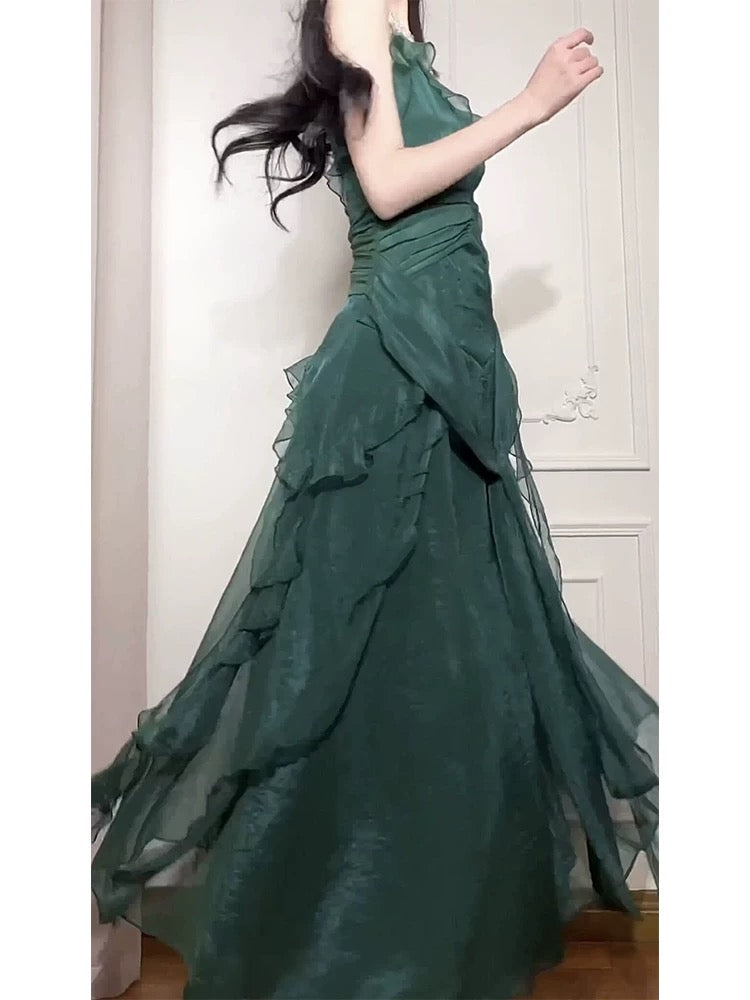 Robe de bal en mousseline de soie vert foncé, coupe trapèze, robe d'anniversaire J6526
