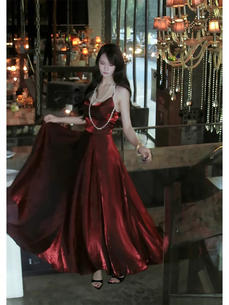 Burgunderrotes Ballkleid mit Spaghettiträgern in A-Linie, Geburtstagsoutfit J6530
