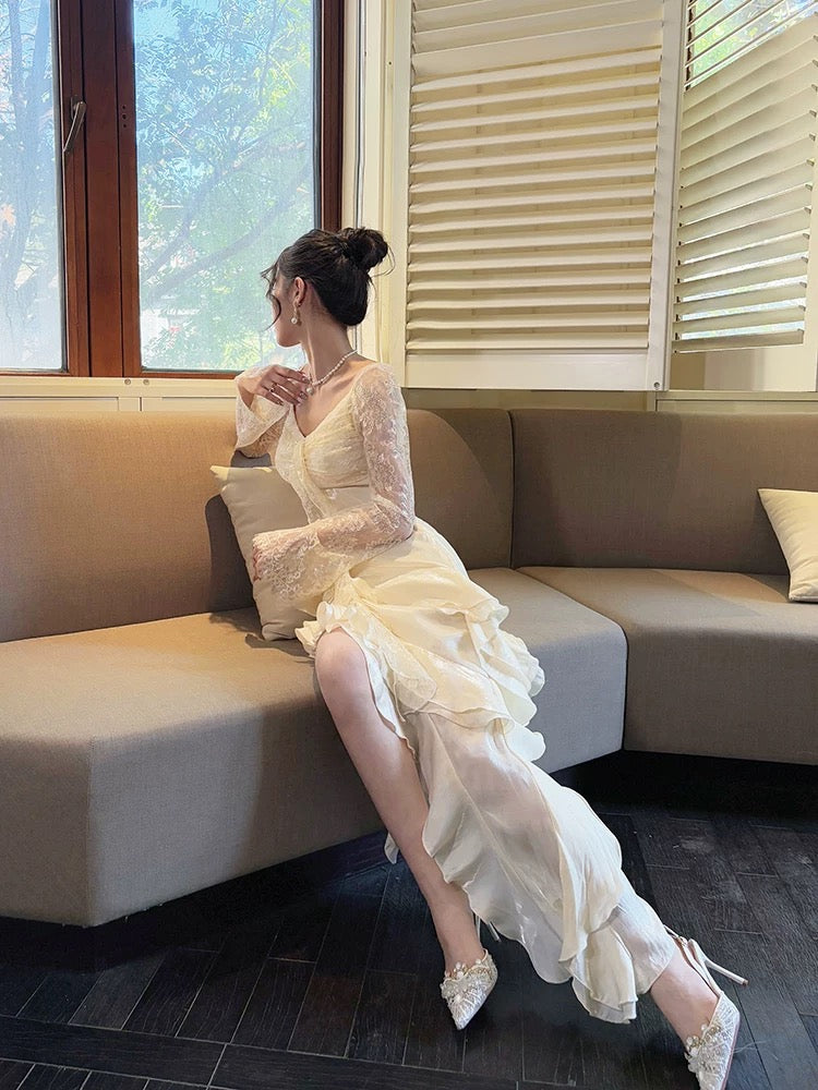 Long Lace Sleeves Ruffle Prom Dress Birthday Outfit J6540