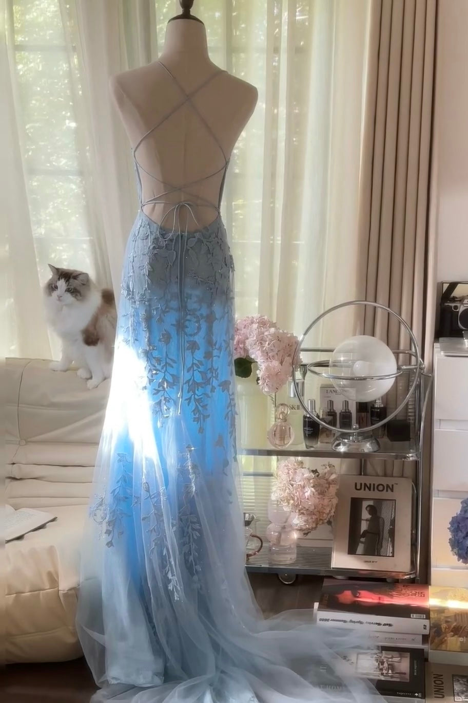 Blue Applique Prom Dress Backless Evening Dress J6551