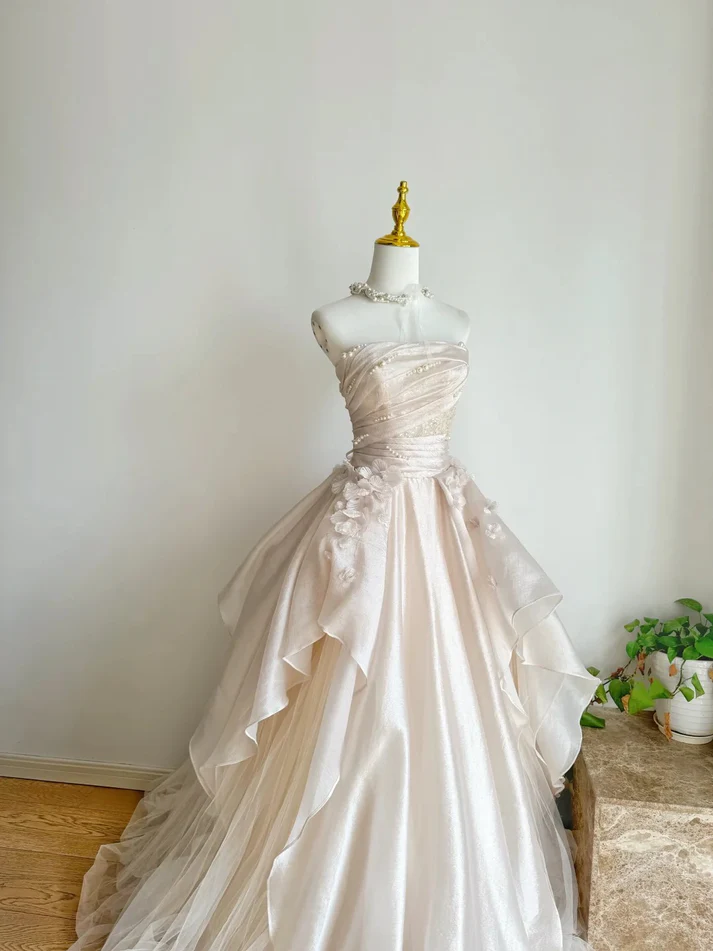 Pink A Line Strapless Satin Long Prom Dress Sweet Applique Evening Dress J6557