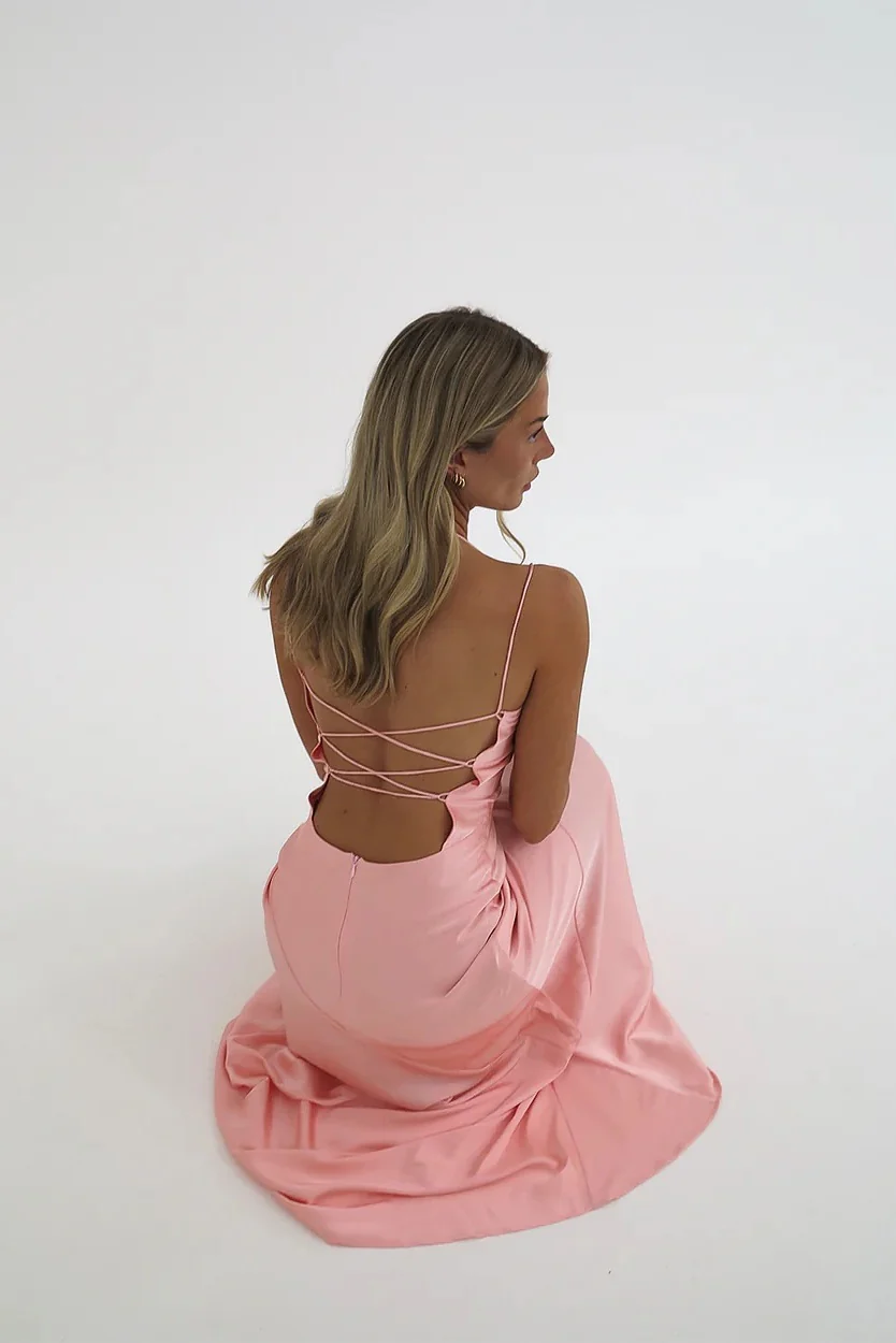 Robe de bal rose en satin à bretelles spaghetti, robe d'invitée de mariage J6573