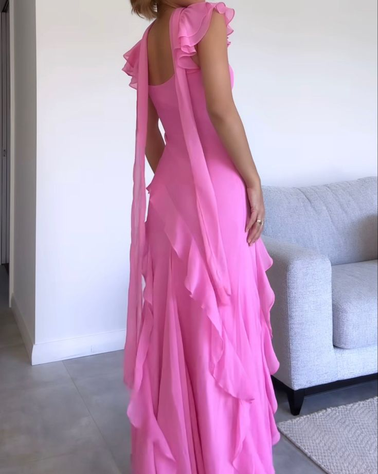 Robe de bal rose en mousseline de soie à volants, robe de soirée formelle J6590