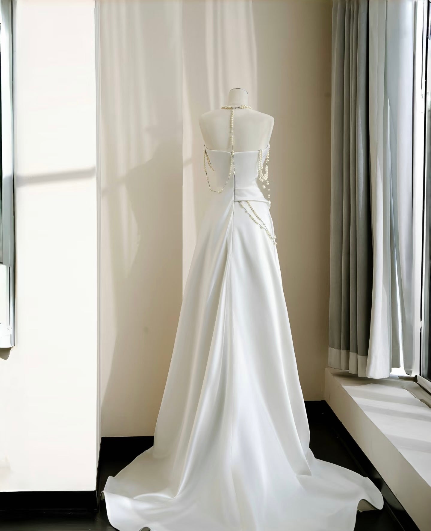 Strapless A Line White Wedding Dress Evening Dress With Pearl J6604