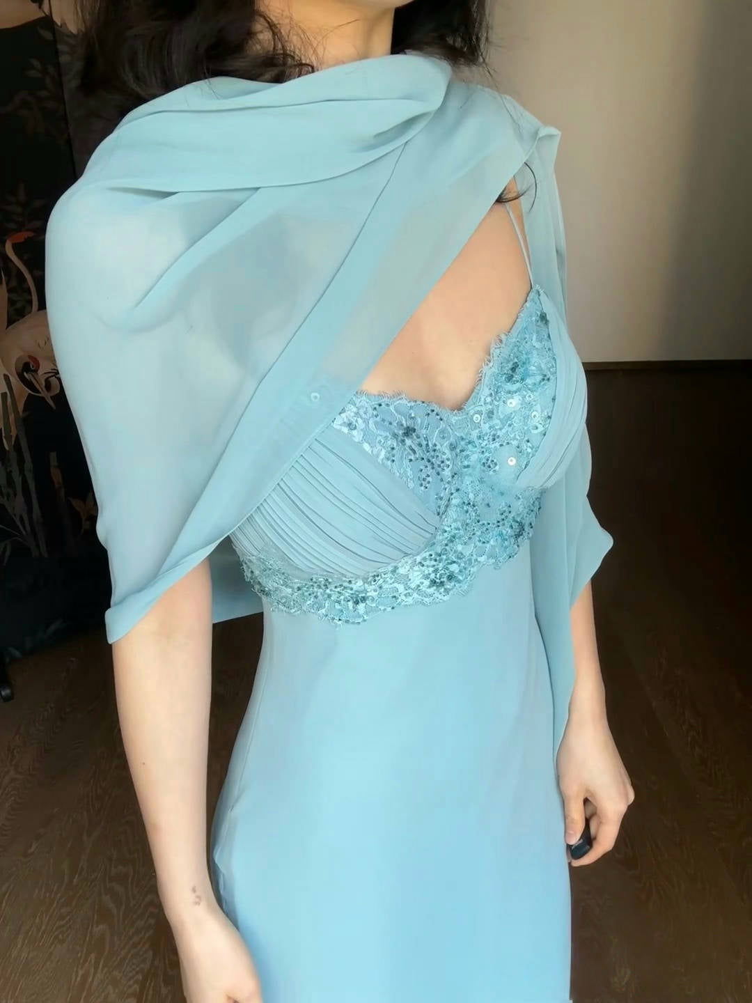 Robe de bal sirène en mousseline de soie bleue, robe d'invitée de mariage J6634