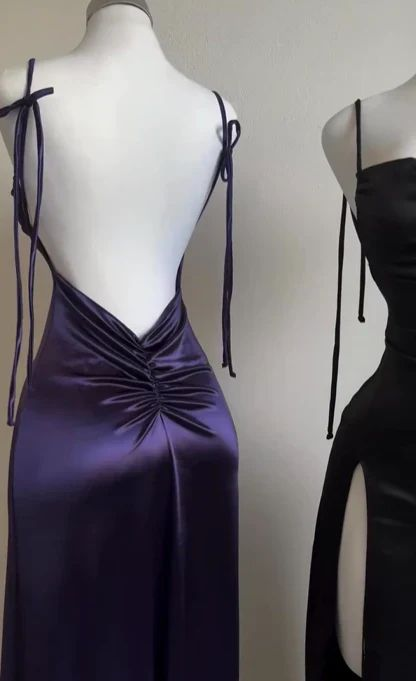 Spaghetti Straps Purple Slit Prom Dress Sheath Evening Dress J6635