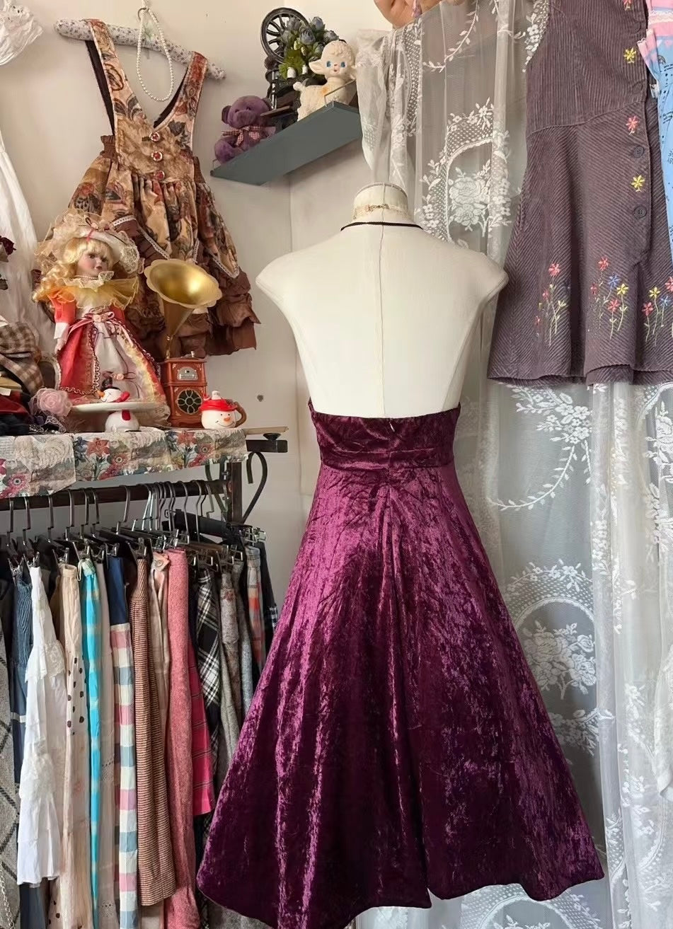 Neckholder A-Linie Fuchsia Abendkleid Samt Ballkleid J6659