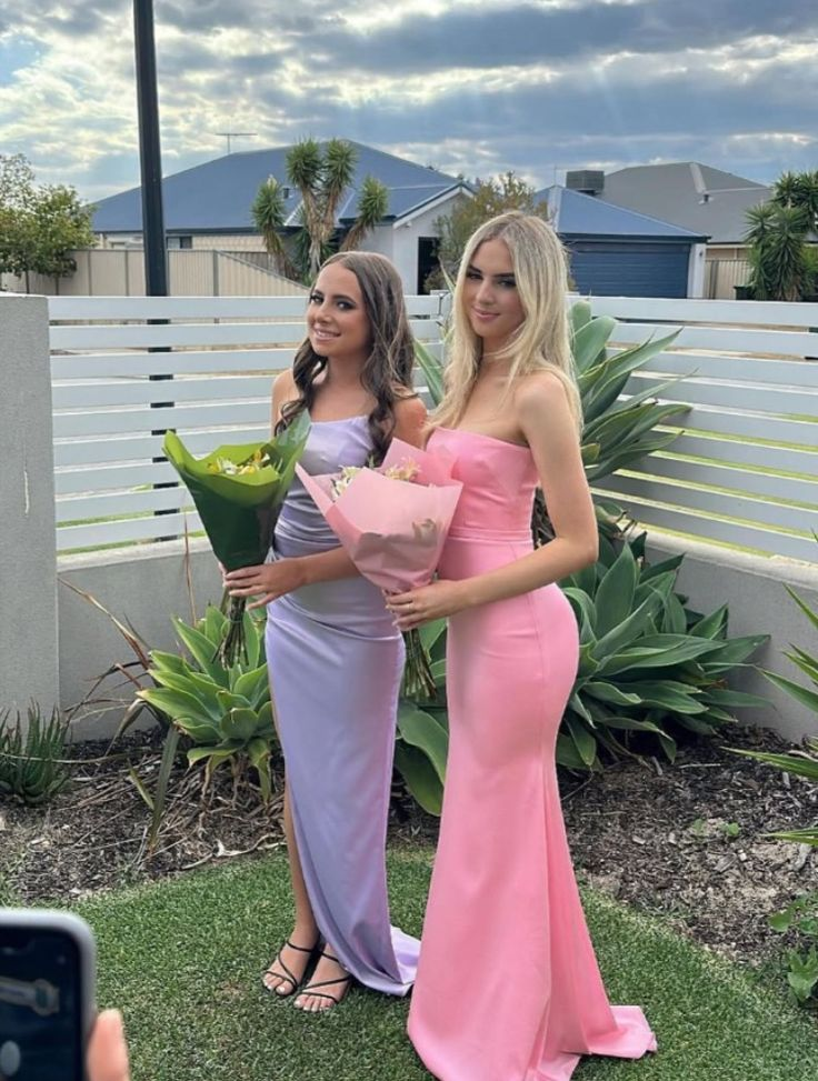 Robe de bal sirène bustier longue en satin rose, robe de demoiselle d'honneur J6724