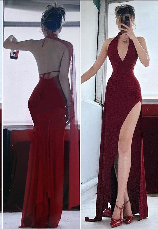 Meerjungfrau V-Ausschnitt Rot Rückenfreies Langes Abendkleid J6737