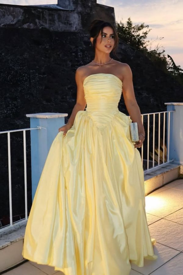 Strapless A Line Yellow Prom Dress Satin Formal Party Dress J6743 – JulyProm