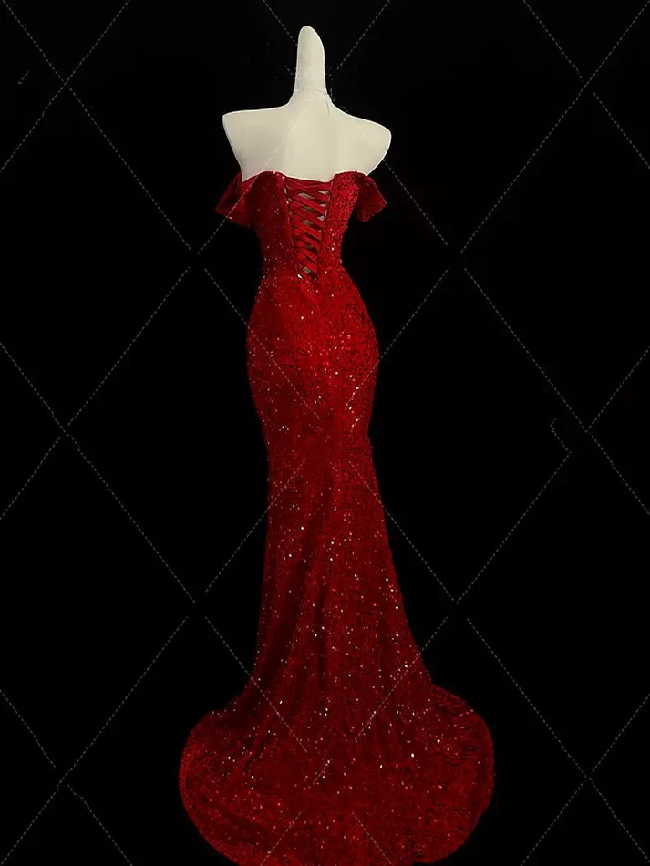 Off The Shoulder Mermaid Sequin Prom Dress Burgundy Evening Dress J6749