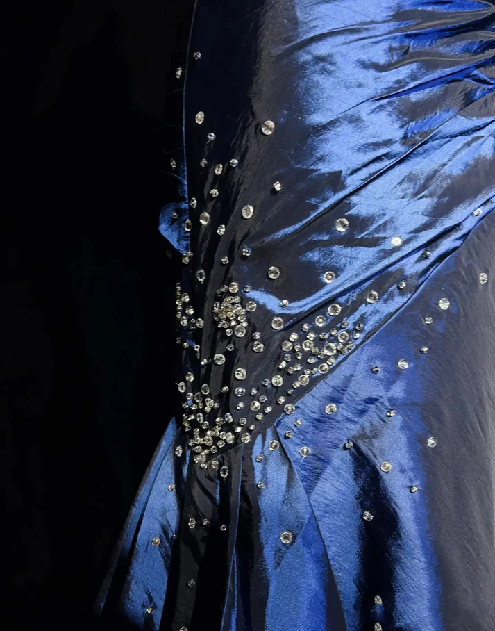 Vintage Sweetheart Mermaid Satin Long Navy Blue Prom Dresses J6750